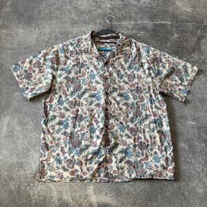 Vintage Paradise Blue Hawaiian Shirt Mens 2XL XXL Tan Camp Beach Paisley